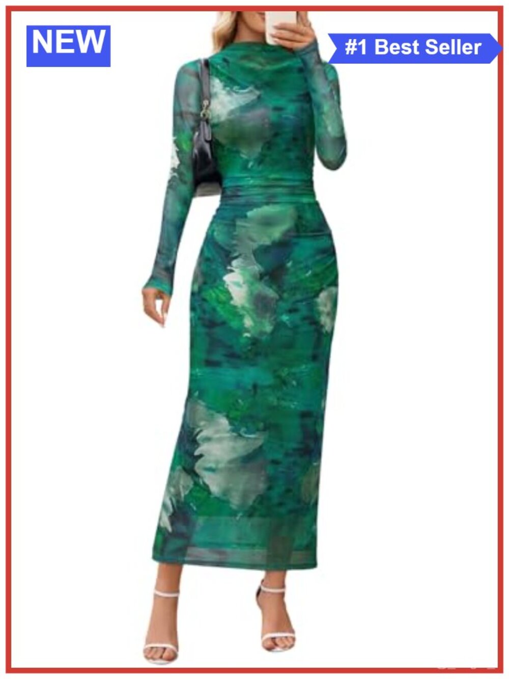 Long Sleeve Tie-Dye Maxi Dress with Ruched Detail and Mock Neck